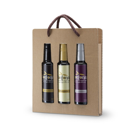 Botellas de aceite para regalo Pack aceite gourmet con 3 botellas de 100 ml monovarietales Mançanella, Blanqueta y Alfafarenca.